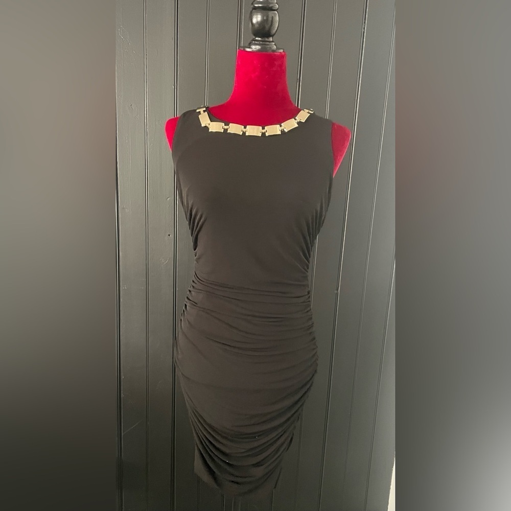 Calvin Klein Black Garment Party Dress With Gold Accents Details
